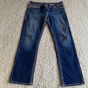 Rock Revival Jeans Womens 32 Easy Straight "Swarovski" Studs Leather Stitched